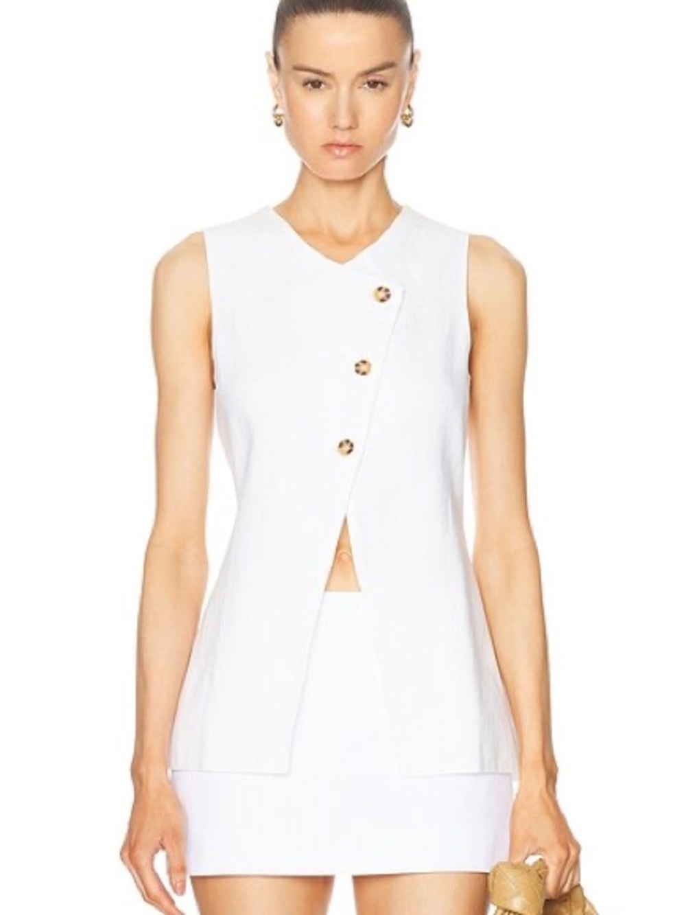 Posse Gigi Vest Top White Linen Top with Tortoiseshell Button
